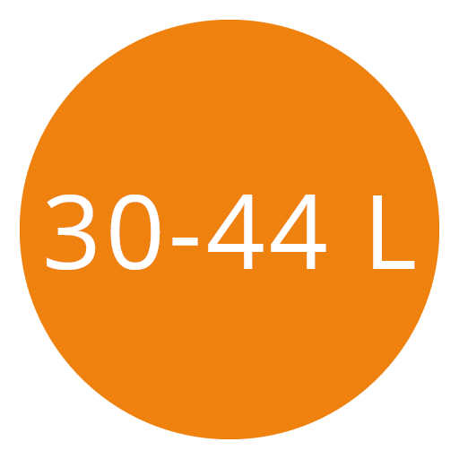 Orangefarbener Kreis mit weißem Text „30–44 L“.