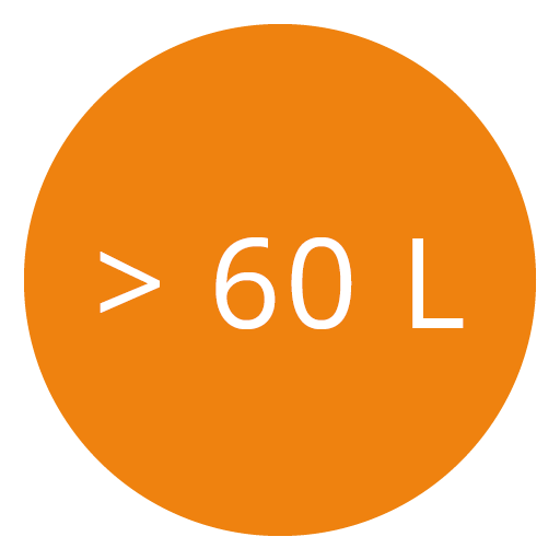 Ein orangefarbener Kreis mit weißem Text „> 60 L“.