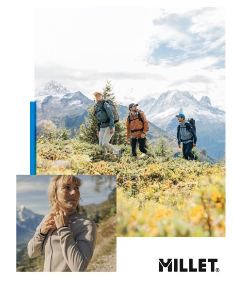 Drei Wanderer in voller Ausrüstung wandern durch eine Berglandschaft mit schneebedeckten Gipfeln. Unten zu sehen ist eine Frau in einer Jacke, die ihren Kragen zurechtrückt. Im Hintergrund sind Berge zu sehen. Unten rechts ist das „Millet“-Logo zu sehen.