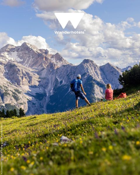 Zwei Wanderer stehen auf einer leuchtend grünen Wiese mit Wildblumen und blicken unter einem leicht bewölkten Himmel auf majestätische Berggipfel. Einer steht mit einem Rucksack da, der andere sitzt und genießt die malerische Aussicht.