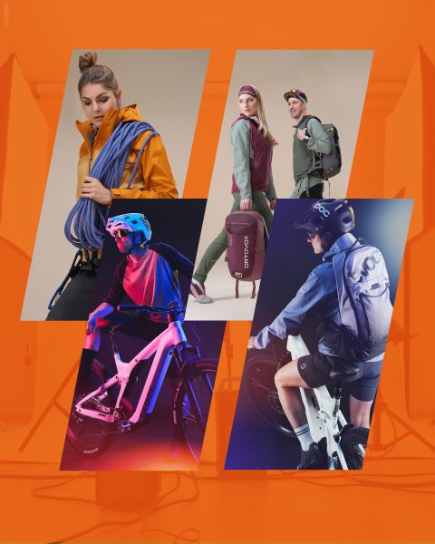 Collage von Personen in Outdoor- und Radsportausrüstung. Oben links: Person in orangefarbener Jacke mit Kletterseil. Oben rechts: zwei Personen mit Rucksäcken. Untere Reihe: zwei Radfahrer mit Helmen und Ausrüstung, mit weißen Fahrrädern, in dynamischer Farbbeleuchtung. Orangefarbener Hintergrund.