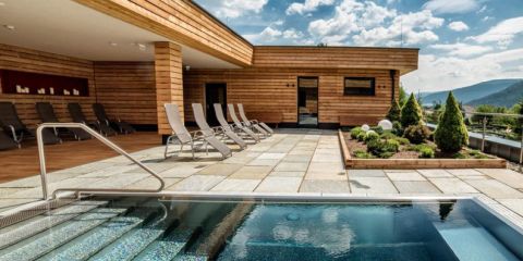 Spa auf dem Dach mit kleinem Pool, Steinfliesen und Liegestühlen vor einem Holzgebäude. Es gibt einen gepflegten Bereich mit Sträuchern und einen malerischen Blick auf die Berge unter einem teilweise bewölkten Himmel.