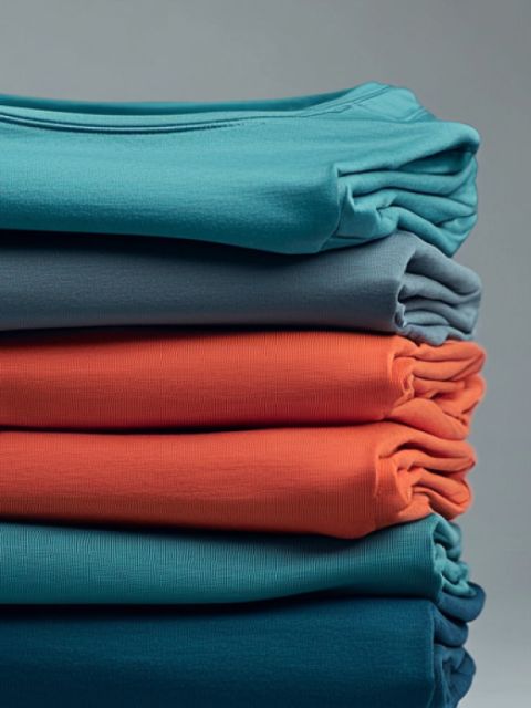 Ein Stapel ordentlich gefalteter Kleidung in verschiedenen Farben, darunter Blaugrün, Grau und Orange, vor einem schlichten Hintergrund.