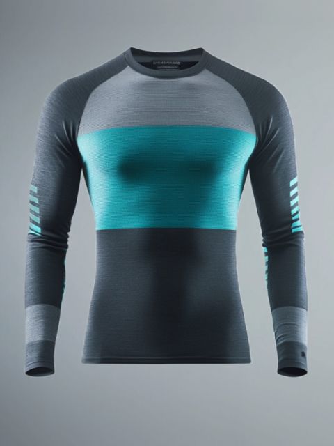 Langärmliges Sportshirt mit Farbverlauf in Grau und Türkis. Mit horizontalem türkisfarbenem Streifen auf der Brust und türkisfarbenen Akzenten an den Ärmeln. Auf hellgrauem Hintergrund.