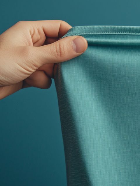 Eine Hand spannt sanft ein Stück hellblaugrünen Stoff vor einem passenden blaugrünen Hintergrund und zeigt so die Textur und Elastizität des Materials.