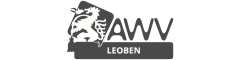 Das Logo zeigt links einen stilisierten Löwen, gefolgt von den fettgedruckten Buchstaben „AWV“. Darunter befindet sich ein rechteckiger Block mit dem Wort „LEOBEN“. Das Bild ist in Graustufen dargestellt.
