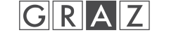 Das Bild zeigt das Wort „GRAZ“ in fetten Großbuchstaben, wobei jeder Buchstabe von einem quadratischen Rahmen umgeben ist. Der Hintergrund ist weiß, der Text dunkelgrau.