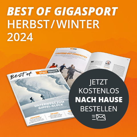 Werbegrafik für „Best of Gigasport Herbst/Winter 2024“ mit orangem Hintergrund. Enthält zwei offene Magazine mit Wintersportbildern und einen großen Kreis mit dem Text „Jetzt kostenlos nach Hause bestellen“.