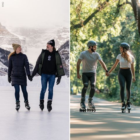 Linkes Bild: Ein Paar läuft auf einem zugefrorenen See Schlittschuh, umgeben von schneebedeckten Bergen. Rechtes Bild: Ein Paar fährt Inlineskates auf einem gepflasterten Weg in einem grünen, sonnenbeschienenen Park. Beide Paare halten Händchen und tragen Freizeitkleidung.