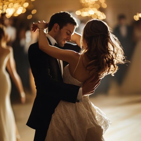 Ein Paar tanzt elegant in einem sanft beleuchteten Ballsaal. Die Frau trägt ein fließendes weißes Kleid, der Mann einen dunklen Anzug. Warmes, verschwommenes Licht im Hintergrund schafft eine romantische Atmosphäre.