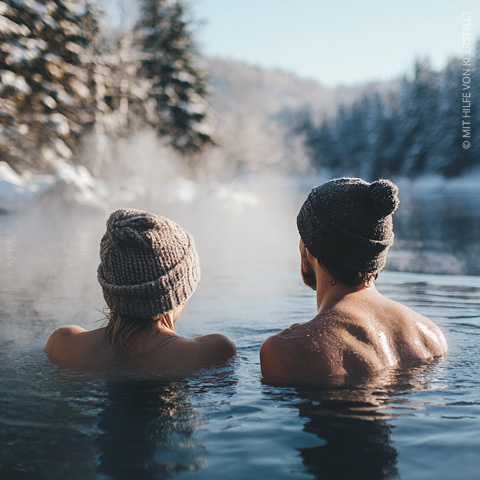 Zwei Menschen baden in einer dampfenden heißen Quelle, umgeben von schneebedeckten Bäumen. Beide tragen Strickmützen. Die Szene vermittelt eine ruhige, winterliche Atmosphäre mit einem klaren blauen Himmel im Hintergrund.