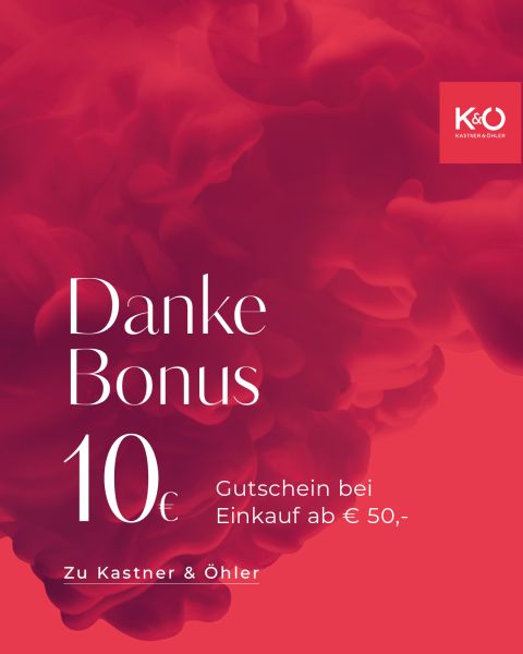 Rot-rosa wolkenartiger Hintergrund mit weißem Text: „Danke Bonus 10€ Gutschein bei Einkauf ab € 50,- Zu Kastner & Öhler.“ Kastner & Öhler-Logo in der oberen rechten Ecke.