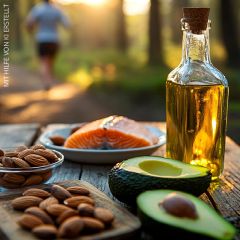 Auf einem Holztisch liegen Mandeln, Avocado, ein Stück Lachs und eine Flasche Olivenöl. Die Szene spielt in einem Wald während der goldenen Stunde. Im unscharfen Hintergrund läuft eine Person einen sonnenbeschienenen Pfad entlang.
