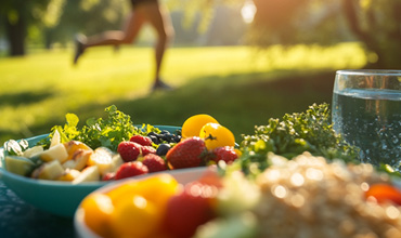 Nahaufnahme gesunder Salate mit Obst und Gemüse auf einem Tisch im Freien. Sonnenlicht erhellt die leuchtenden Farben. Im unscharfen Hintergrund joggt eine Person im Park. Ein Glas Wasser ist ebenfalls zu sehen.