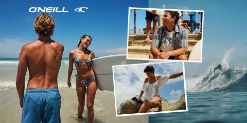Zwei junge Menschen in Badebekleidung stehen am Strand. Die Fotos zeigen einen jungen Mann auf einer Treppe und eine junge Frau auf einem Felsen. Im Hintergrund sind Meereswellen und ein Surfer zu sehen. Das O’Neill-Logo ist oben zu sehen.