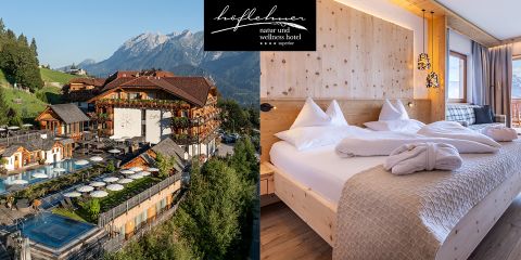 Geteiltes Bild: Links ein Hotel am Hang mit Außenpool und Bergkulisse. Rechts ein gemütliches Hotelzimmer mit Holzdekor, ordentlich aufgestelltem Bett und malerischer Aussicht vom Balkon.