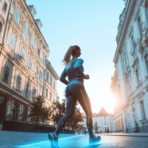 Eine Person in Sportkleidung joggt am frühen Morgen eine Stadtstraße entlang. Die Sonne geht auf und taucht die Gebäude in einen warmen Schein. Die Schuhe der Person leuchten hell und verleihen der Szene einen dynamischen Effekt.