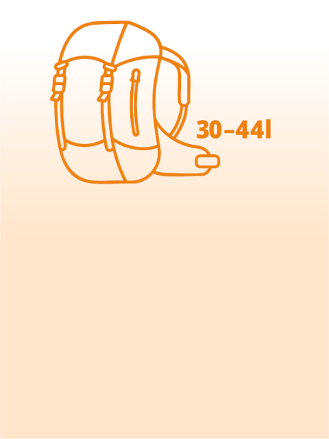 Ein orangefarbener Umriss eines Rucksacks mit der Nummer "30-441", zentriert auf einem hellorangenen Hintergrund mit Farbverlauf.