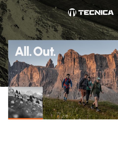 Vier Personen wandern bei Sonnenuntergang durch eine grasbewachsene Berglandschaft mit felsigen Klippen im Hintergrund. Über ihnen steht der Text „All. Out.“ und darunter das Tecnica-Logo.