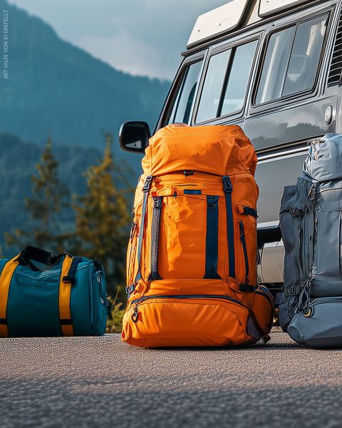 Ein leuchtend orangefarbener Wanderrucksack und ein blaugrüner Seesack liegen neben einem geparkten Lieferwagen auf dem Boden, während im Hintergrund bewaldete Berge zu sehen sind.