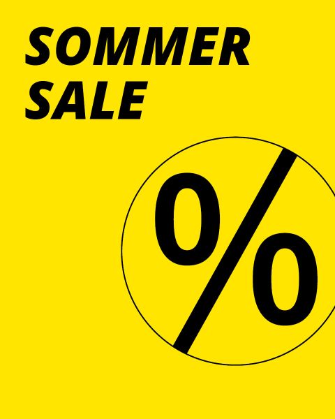 Gelber Hintergrund mit schwarzem Text „SOMMER SALE“ und einem großen schwarzen Prozentzeichen (%) in einem Kreis, das für einen Sommerschlussverkauf wirbt.