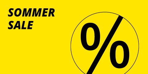 Gelber Hintergrund mit fettem schwarzen Text „SOMMER SALE“ auf der linken Seite und einem großen schwarzen Prozentzeichen in einem Kreis auf der rechten Seite, das auf einen Sommerschlussverkauf oder eine Rabattaktion hinweist.
