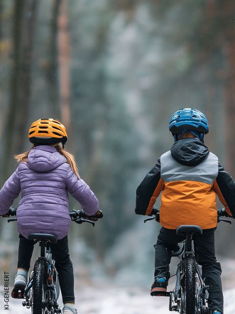 Zwei Kinder mit Helmen und Winterjacken fahren mit dem Fahrrad auf einem Waldweg. Das Kind auf der linken Seite trägt eine lila Jacke und einen orangefarbenen Helm, das Kind auf der rechten Seite eine orange-schwarze Jacke und einen blauen Helm.