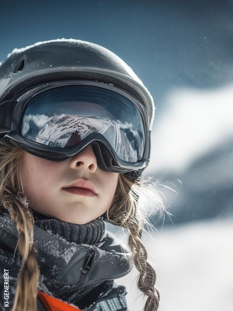 Ein junges Kind mit geflochtenem Haar, das einen Helm, eine Skibrille und Winterkleidung trägt, steht im Freien in einer verschneiten Berglandschaft. In der Skibrille spiegeln sich die schneebedeckten Berggipfel.