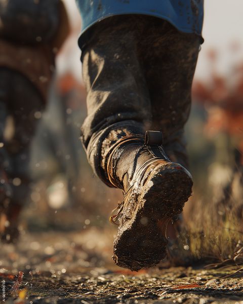 Eine Nahaufnahme von schlammigen Stiefeln, die auf einem Feldweg laufen, mit einer anderen Person im Hintergrund und Herbstlaub drum herum.