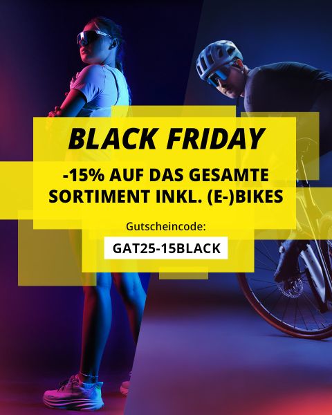 Werbung für den Black-Friday-Verkauf mit 15 % Rabatt auf alle Fahrräder und E-Bikes, mit einer Frau mit Sonnenbrille und einem Mann auf dem Fahrrad, mit dem Code "GAT25-15BLACK" auf gelbem Hintergrund.