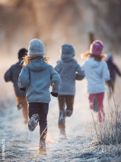 Fünf Kinder in Winterkleidung laufen auf einem frostigen Weg im Freien, wo die Sonne scheint und der Frost den Boden und die Pflanzen bedeckt.
