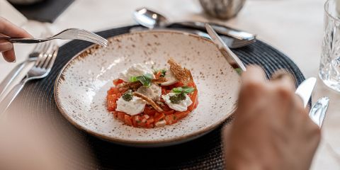 Eine Person hält Gabel und Messer in der Hand, um ein Gericht mit gehackten Tomaten, Mozzarella, Basilikum und Pesto auf einem gesprenkelten Teller zu essen.