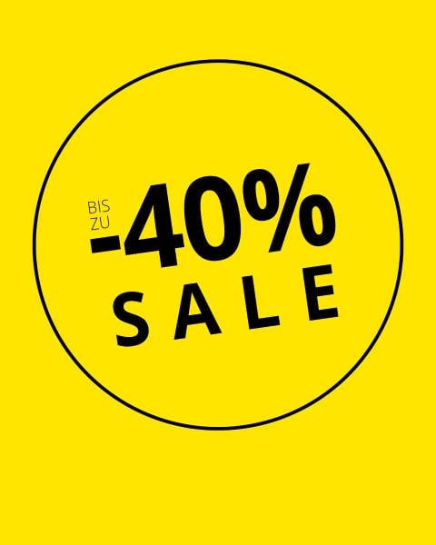 Gelber Hintergrund mit schwarzem Text: "Bis zu -40% SALE" innerhalb eines schwarzen Kreises, Werbung bis zu 40% Rabatt.