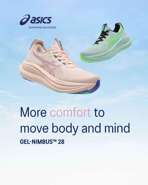 Zwei ASICS GEL-NIMBUS 28 Laufschuhe, ein beiger und ein mintgrüner, schweben über dem Text Mehr Komfort, um Körper und Geist zu bewegen".