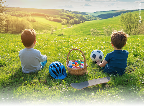 Zwei Jungen sitzen im Gras vor einem malerischen Hügel, neben ihnen ein Korb mit bunten Eiern, ein blauer Helm, ein Fußball und ein Skateboard.