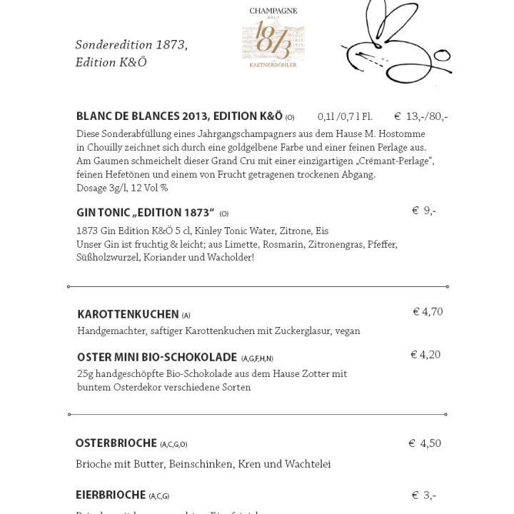 Speisekarte für eine Champagner-Bar mit einer Auflistung von Getränken und Snacks, mit eleganten Schriftarten, einem Champagner-Logo und einer kleinen Hasenillustration in der oberen rechten Ecke.