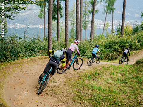 Menschen entspannen sich auf einem Steg an einem malerischen See, wobei eine Person in der Luft ins Wasser springt; Berge und rosa Blumen im Hintergrund.