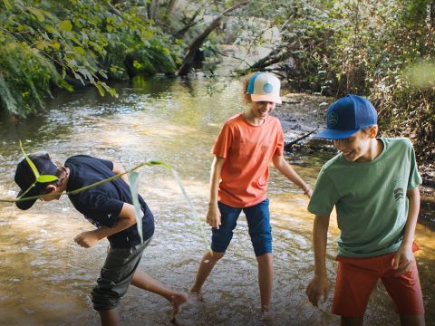 Drei Kinder in Freizeitkleidung und mit Mützen waten und spielen an einem sonnigen Tag in einem seichten Bach, der von Bäumen und Grün umgeben ist.