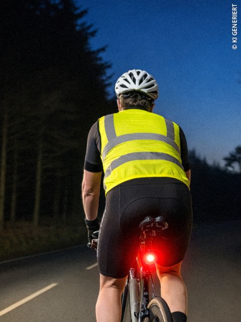 Nahaufnahme einer Person mit blondem, zu einem Zopf gebundenem Haar, die ein marineblaues Hemd und ein schwarzes Stirnband trägt, von hinten im Freien fotografiert.