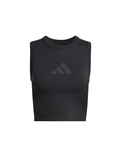 Schwarzes, ärmelloses Crop-Top mit Rundhalsausschnitt und dezentem Adidas-Logo auf der Brust, das auf einem schlichten weißen Hintergrund abgebildet ist.