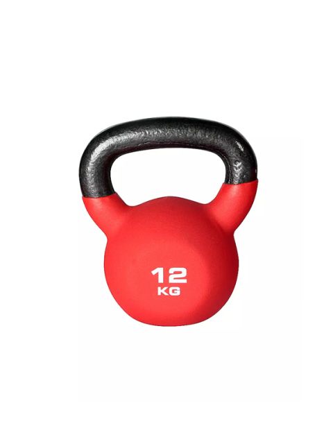 Rote 12-Kilogramm-Kettlebell mit schwarzem Griff auf weißem Hintergrund.