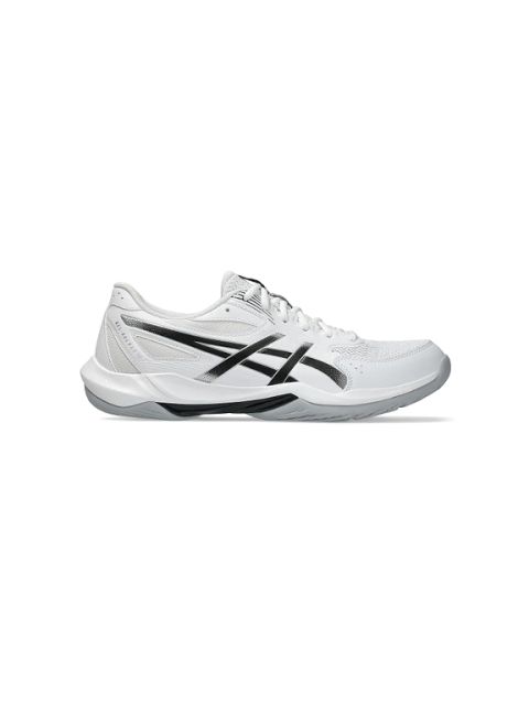 Weißer Sportschuh mit schwarzen Details und Logo, Obermaterial aus Mesh und Gummisohle, abgebildet auf einem einfarbig weißen Hintergrund, Seitenansicht.