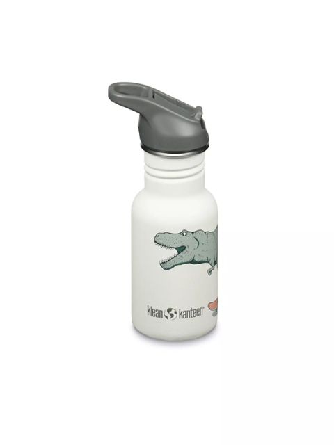 Weiße Klean Kanteen Wasserflasche mit einem grauen Deckel und einer Illustration eines grünen Dinosauriers auf der Seite, dargestellt auf einem weißen Hintergrund.