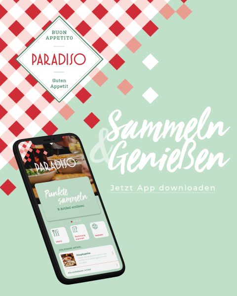 Smartphone mit Anzeige der Paradiso-App, umgeben von deutschem Text und einem rot-weiß karierten Muster auf grünem Hintergrund.