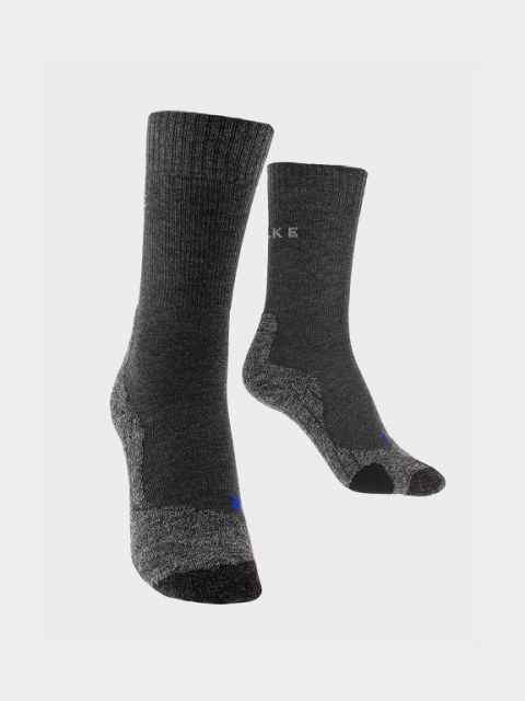 Ein Paar dunkelgraue Socken mit hellgrauen Akzenten ist vor einem schlichten weißen Hintergrund abgebildet. Das Wort „DAMEN“ ist in fetten weißen Buchstaben über das Bild gelegt.