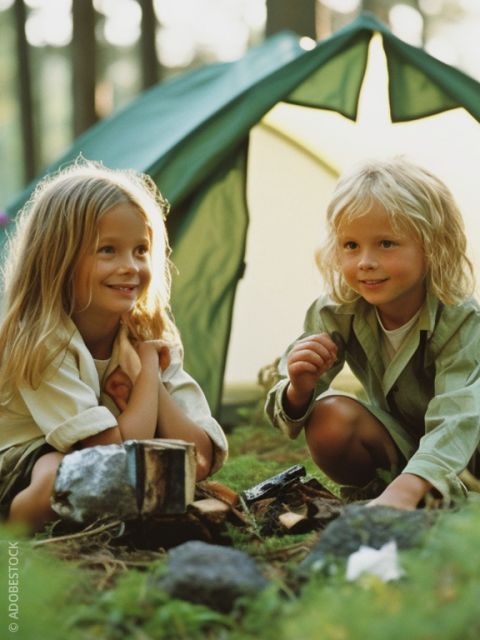 Zwei kleine Kinder sitzen am Lagerfeuer vor einem grünen Zelt im Wald, lächeln und freuen sich über ein gemeinsames Campingabenteuer.