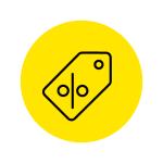 Schwarzes Prozent-Symbol auf einem Preisschild-Symbol innerhalb eines gelben Kreises, das einen Rabatt oder Verkauf darstellt.