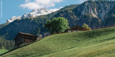 Zwei Holzhäuser stehen auf einem grünen Hügel mit Bäumen und schneebedeckten Bergen im Hintergrund unter einem blauen Himmel mit Wolken.
