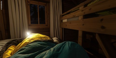 Eine Person in einem Schlafsack ruht nachts in einem gemütlichen Zimmer in einer Holzhütte, in dem ein kleines Licht brennt und Etagenbetten in der Nähe stehen.
