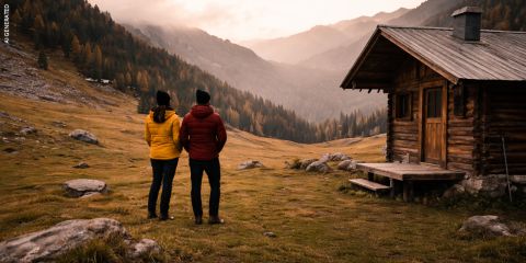 Ein Paar in Jacken steht in der Nähe einer Holzhütte und blickt auf eine neblige Berglandschaft bei Sonnenuntergang mit Bäumen und grasbewachsenen Hügeln.